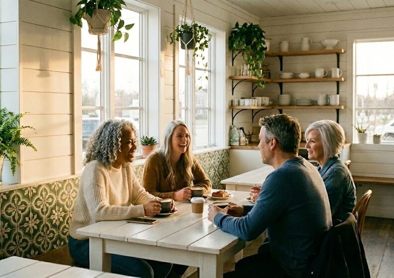 People sitting peacefully and joyfully in a cafe
